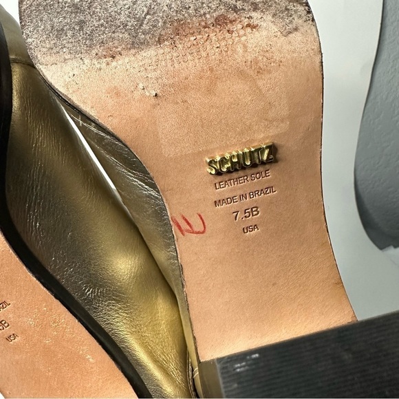 Schutz Happy Platina Gold Leather Chelsea Block Booties Pointed Toe Formal - Picture 12 of 14